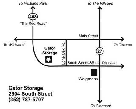 A map to Gator Storage Uhaul from surrounding areas.