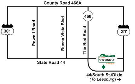 A map to Gator Storage from The Villages